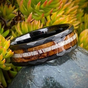 Antler and Burnt Whiskey Barrel in a Hammered Tungsten Core, Whiskey Barrel Ring, Wooden Ring. Wedding Ring, Promise Ring, Anniversary Ring