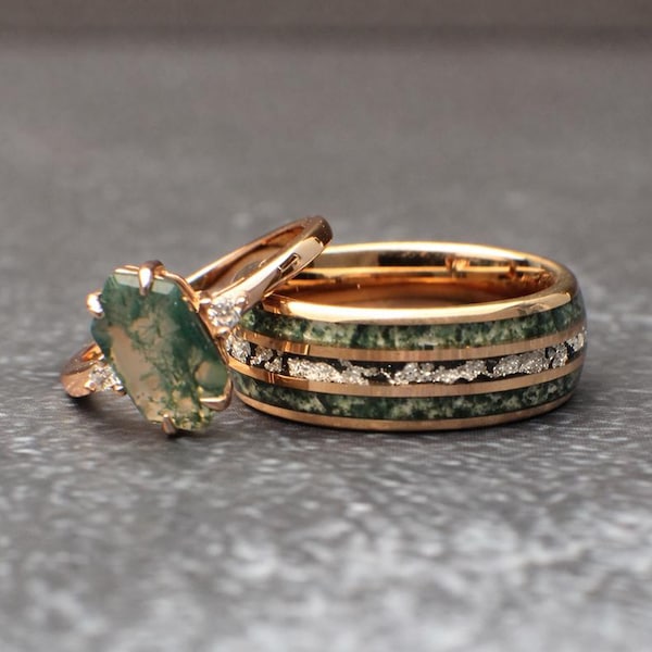 Conjunto de anillos de boda de ágata musgosa, conjunto de anillos de oro rosa, anillo de compromiso de naturaleza, anillo de piedra verde, alianza de hombre de hoja de plata