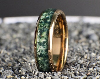 Rose Gold Moss Agate Ring, Moss Agate Wedding Band, Moss Agate Promise Ring, Moss Agate Anniversary Ring