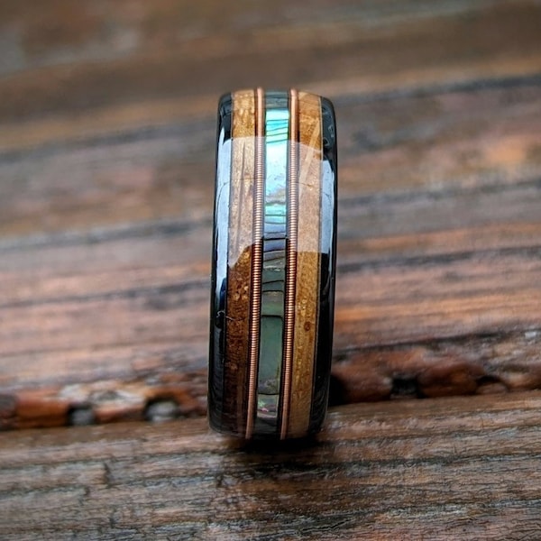 Abalone Shell Ring with Whiskey Barrel and Guitar String, Whiskey Barrel Ring, Guitar String Ring, Music Ring Unique Wedding Band Men's Ring