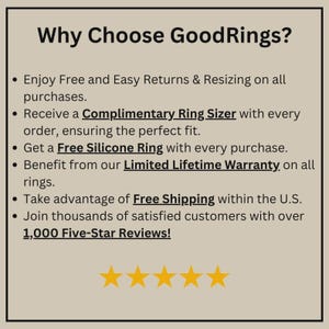 May include: Text on a beige background reads "Why Choose GoodRings?" followed by bullet points about returns, ring sizers, silicone rings, warranty, and customer reviews. The text is accompanied by five gold stars.