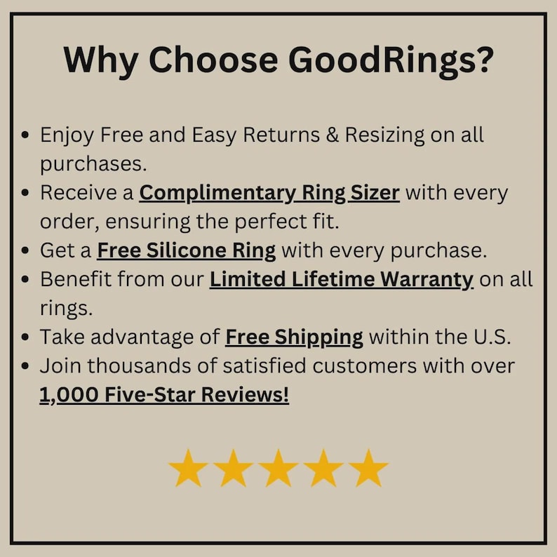 May include: Text on a beige background reads "Why Choose GoodRings?" followed by bullet points about returns, ring sizers, silicone rings, warranty, and customer reviews. The text is accompanied by five gold stars.