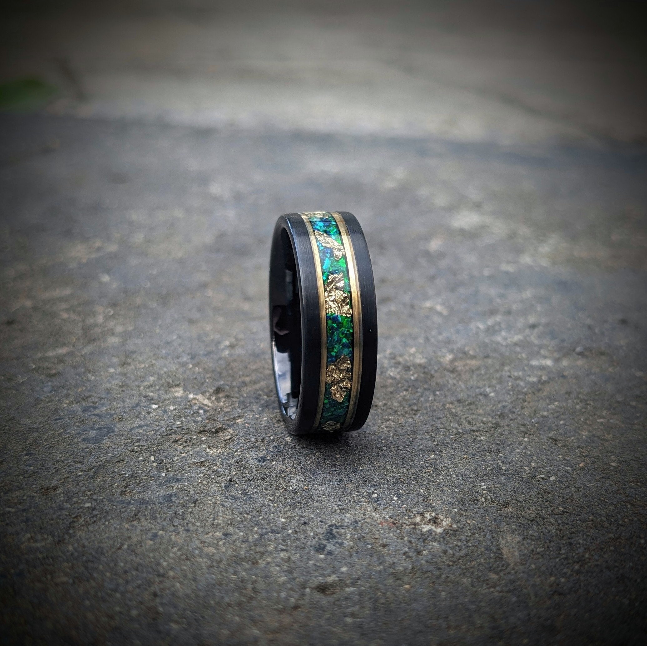 Green Opal and Gold Leaf Tungsten Ring, Men's Ring, Wedding Ring, Promise Ring, Anniversary Ring, Opal Ring, Men's Gold Ring, Green Ring