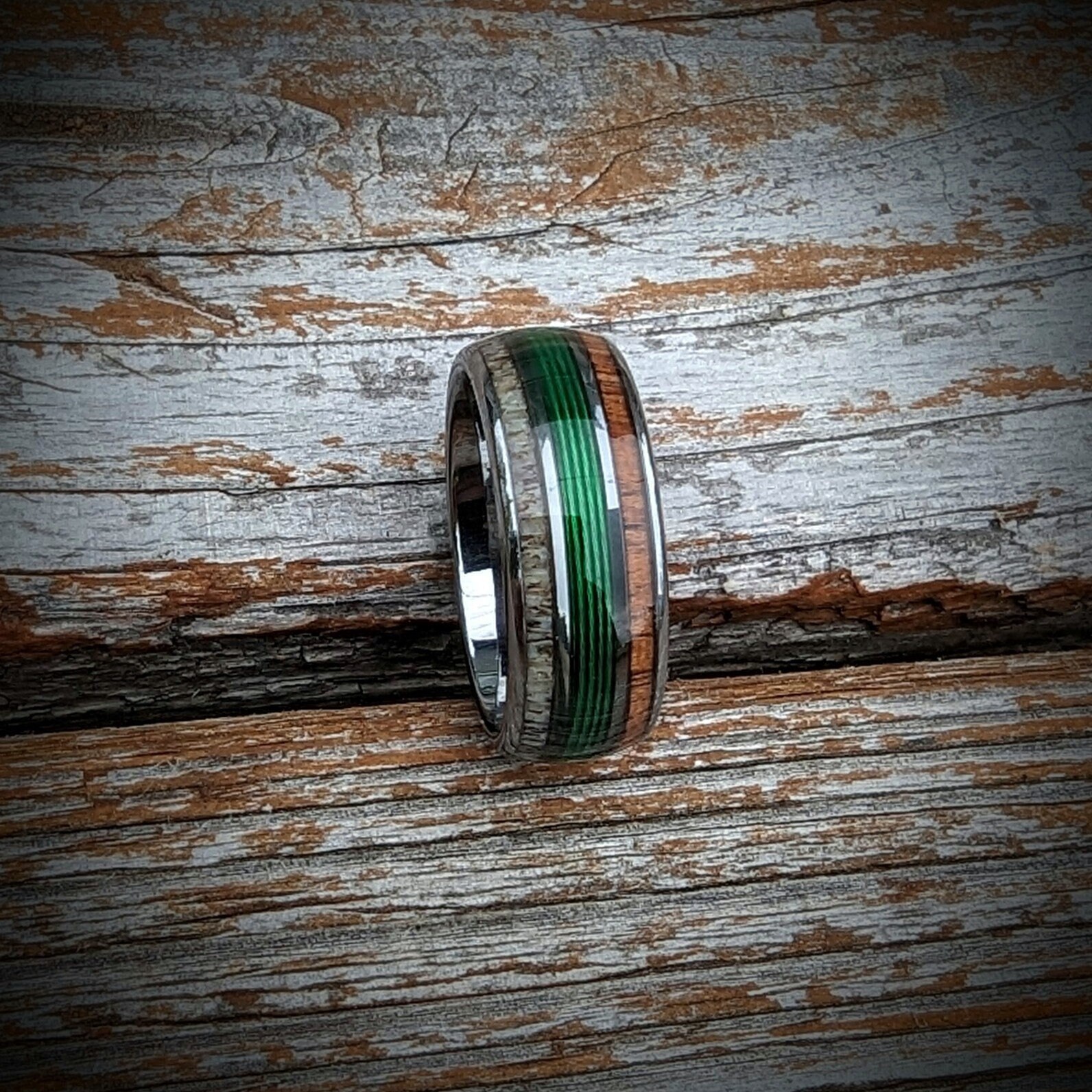 Men's Fishing Line Wedding Ring, Fishing Ring with Elk and Wood, Wooden Ring, Elk Antler Ring, Unique Wedding Band, Green Wedding Band