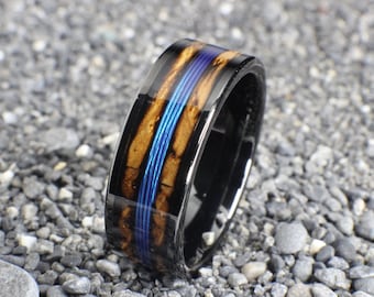 Blue Fishing Line Ring, Fishing Line Wedding Band, Fishing Ring with Whiskey Barrel, Burnt Whiskey Barrel Ring