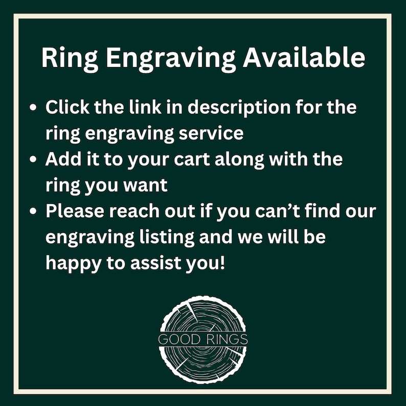 May include: A green background with white text that reads "Ring Engraving Available".  The text includes three bullet points with instructions on how to add engraving to a ring purchase.  A white logo with the text "GOOD RINGS" is at the bottom of the image.