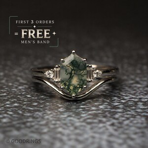 Moss Agate Engagement Ring Set, Hexagon Bridal Set, Nature Inspired Ring, Sterling Silver Wedding Band, Unique Promise Ring