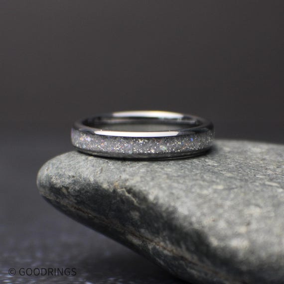 4mm Moonstone Ring, Women’s Wedding Band, Thin Tungsten Ring, Crushed Moonstone Inlay, Minimalist Ring, Promise Ring, Stackable Band