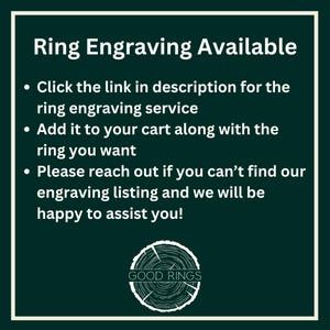 May include: Dark green graphic with white text that reads "Ring Engraving Available." Bullet points explain how to order ring engraving. The Good Rings logo is at the bottom.