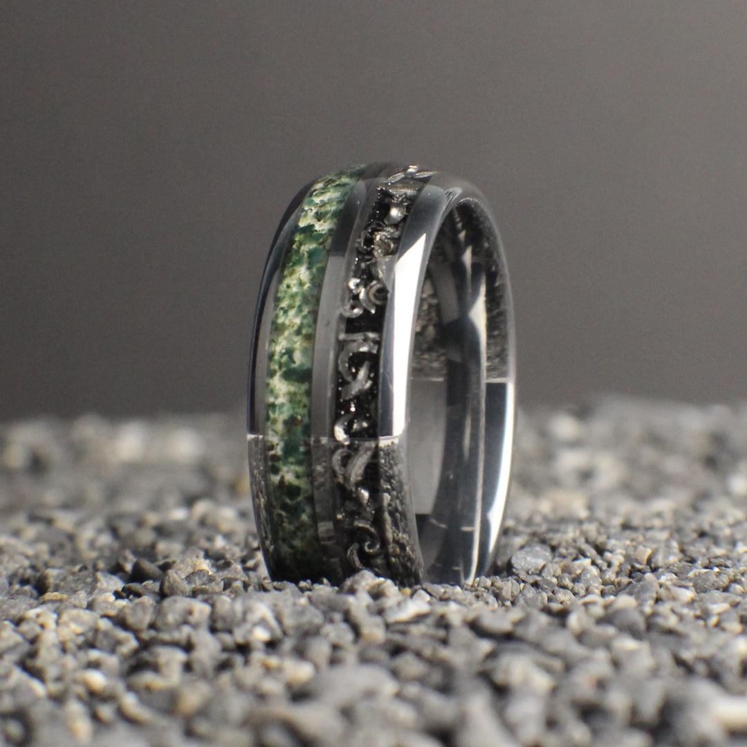 Meteorite Wedding Band With Moss Agate Inlay, Meteorite Ring for Men ...