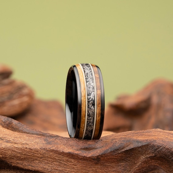 Guitar String Ring with Meteorite Shavings and Whiskey Barrel