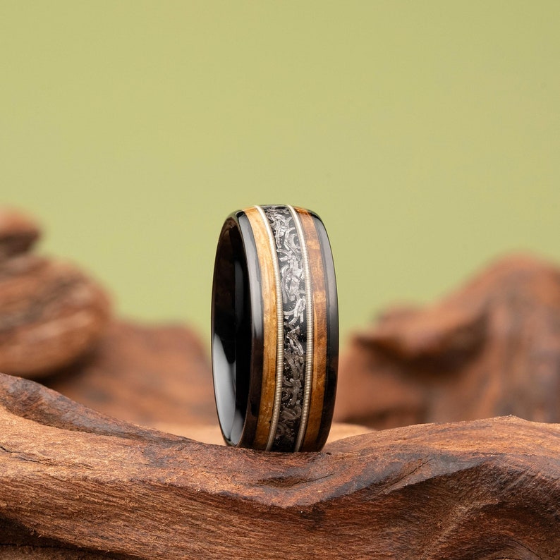 Guitar String Wedding Ring, Guitar String Ring, Meteorite Wedding Band