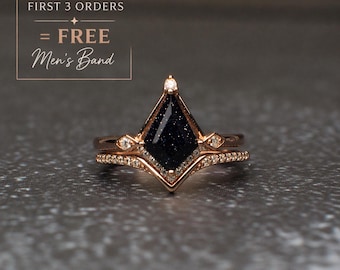 Blue Sandstone Engagement Ring Set, Galaxy Ring, Rose Gold Bridal Set, Goldstone Ring, Nesting Wedding Band, CZ Promise Ring