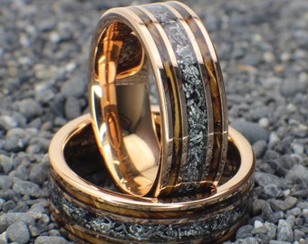 Banda de bodas para hombres con barril de whisky quemado y meteorito, anillo de meteorito, anillo para hombres de tungsteno de oro rosa de 18 qt, banda de bodas de barril de whisky