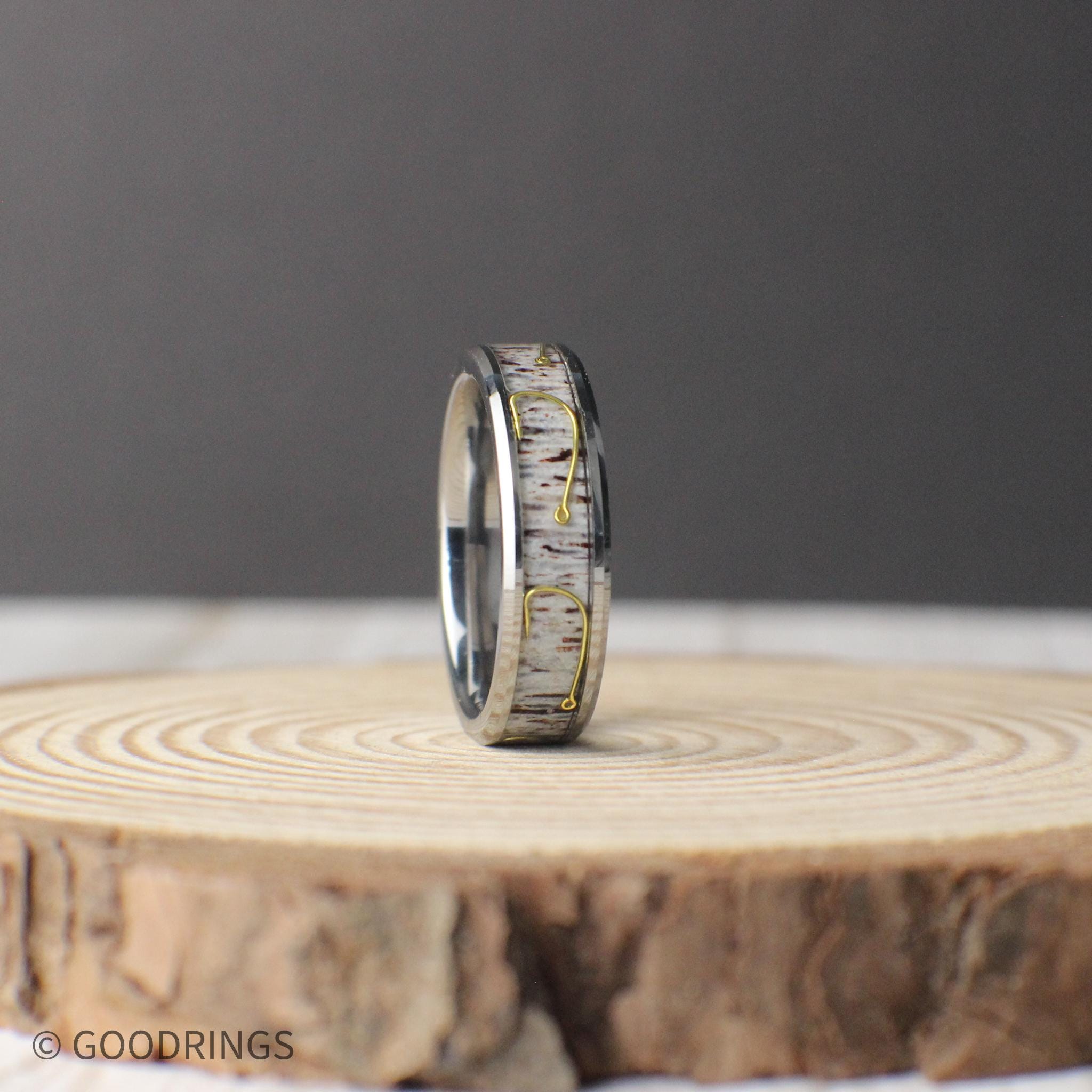 Fishing Ring, Antler Wedding Band, Fishing Hook Wedding Band