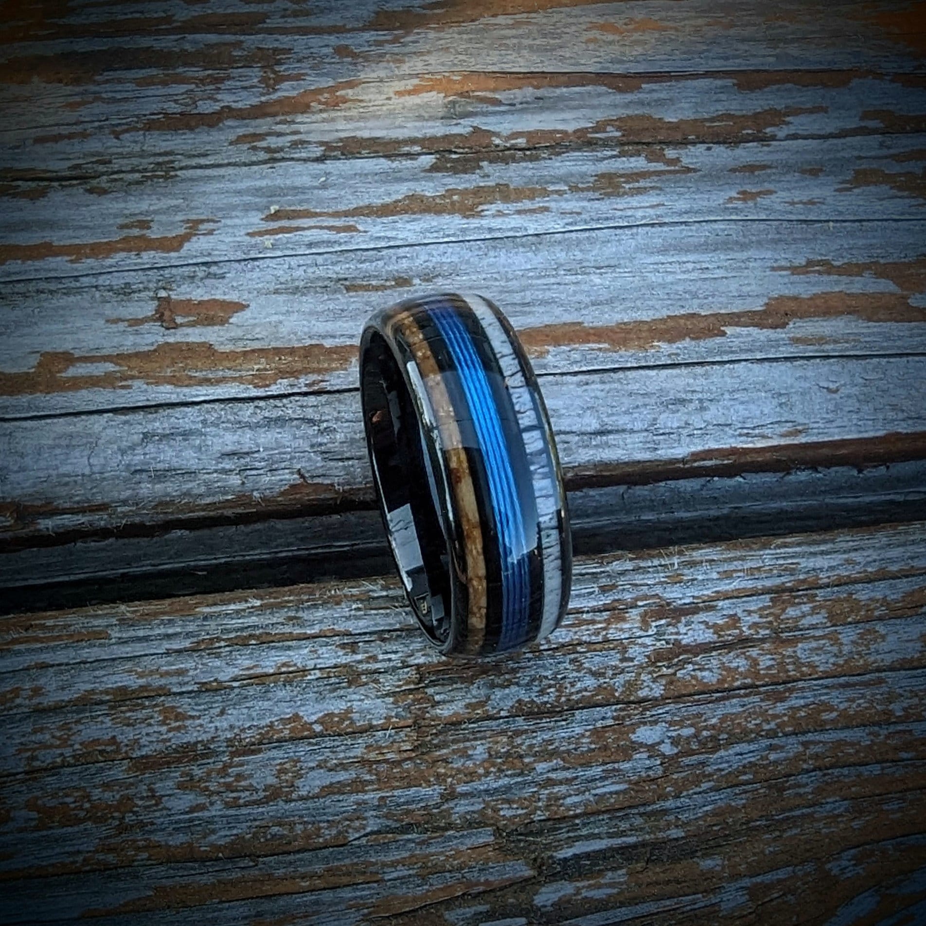 Men's Fishing Line Wedding Ring, Fishing Ring with Elk and Wood, Wooden Ring, Elk Antler Ring, Unique Wedding Band, Whiskey Barrel Ring