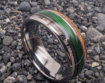 Men's Fishing Line Wedding Ring, Fishing Ring with Elk and Wood, Wooden Ring, Elk Antler Ring, Unique Wedding Band, Green Wedding Band