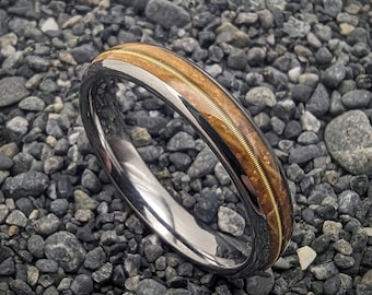 Women's Guitar String and Whiskey Barrel Ring, Guitar String Wedding Band, Whiskey Barrel Guitar String Ring, Bourbon Barrel Ring