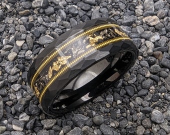 Guitar String Ring, Men's Wedding Band Unique, Meteorite wedding band, Gold Leaf and Meteorite ring, Guitar string wedding band