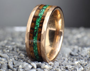 Malachite Ring with Burnt Whiskey Barrel and Rose Gold Tungsten, Mens Wedding Band, Whiskey Barrel Ring
