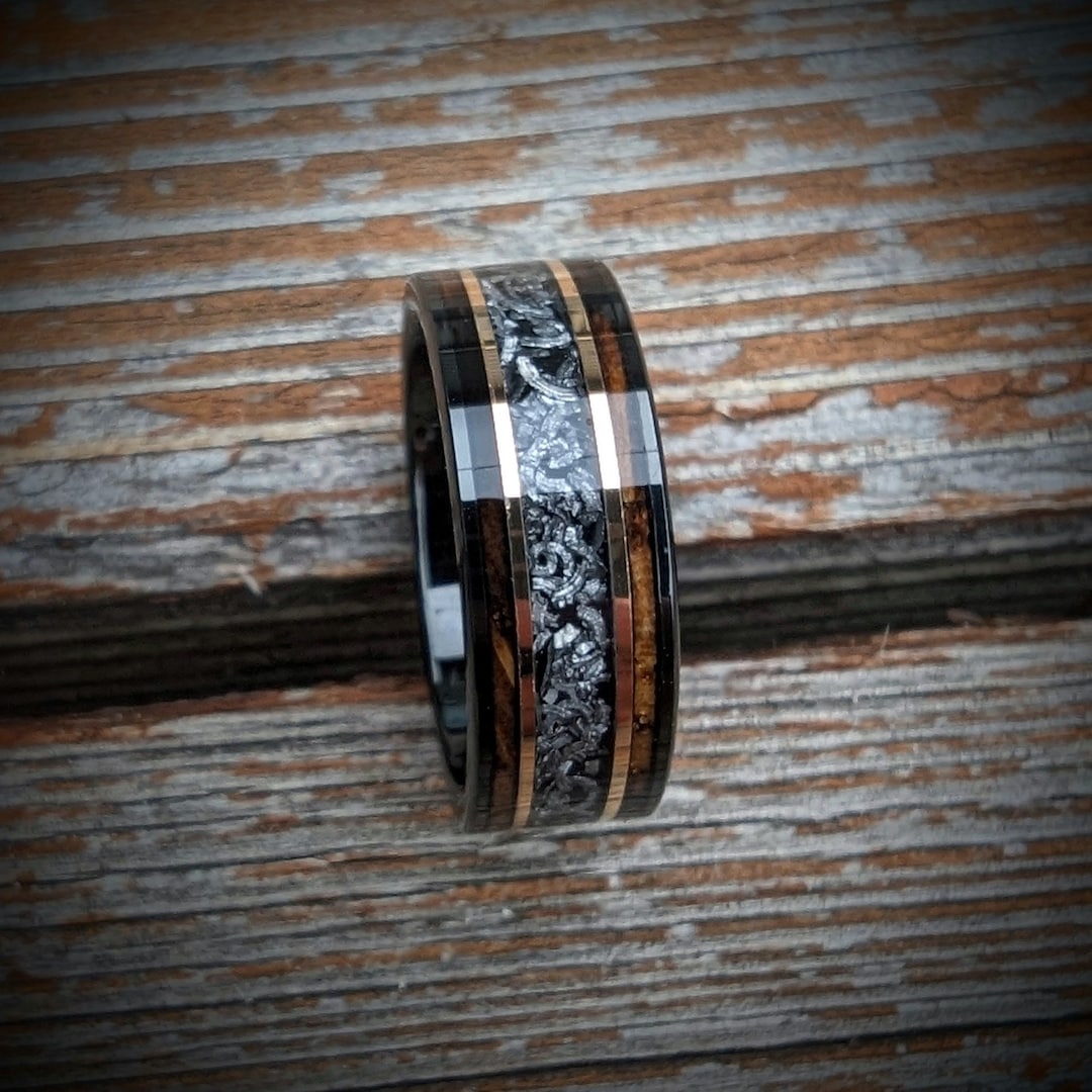 Burnt Whiskey Barrel Ring With Meteorite, Meteorite Wedding Ring