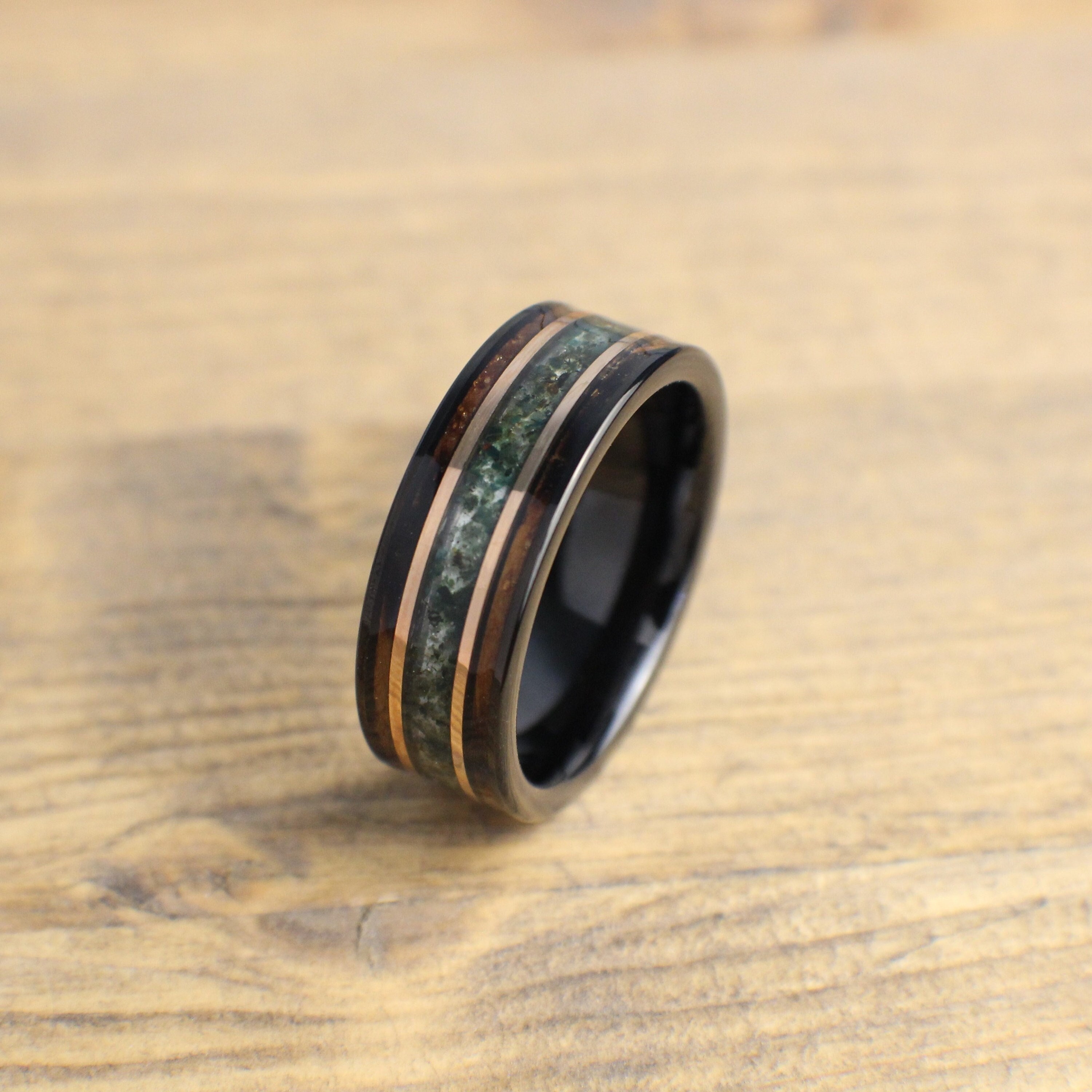 Moss Agate Men's Wedding Band, Moss Agate Ring, Whiskey Barrel Wedding Band, Men's Tungsten Ring, 8mm wide ring