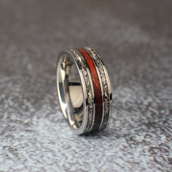 Titanium Men's Meteorite Ring, Wooden Ring with Meteorite Shavings, Men's Wedding Band