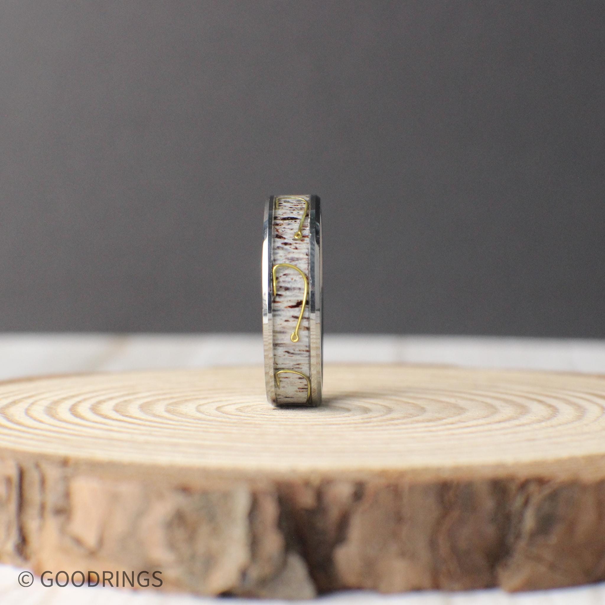 Fishing Ring, Antler Wedding Band, Fishing Hook Wedding Band