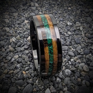 Malachite Ring with Burnt Whiskey Barrel in a Tungsten Core, Whiskey Barrel Wedding Band, Mens Wedding Band