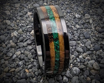 Malachite Ring with Burnt Whiskey Barrel in a Tungsten Core, Whiskey Barrel Wedding Band, Mens Wedding Band