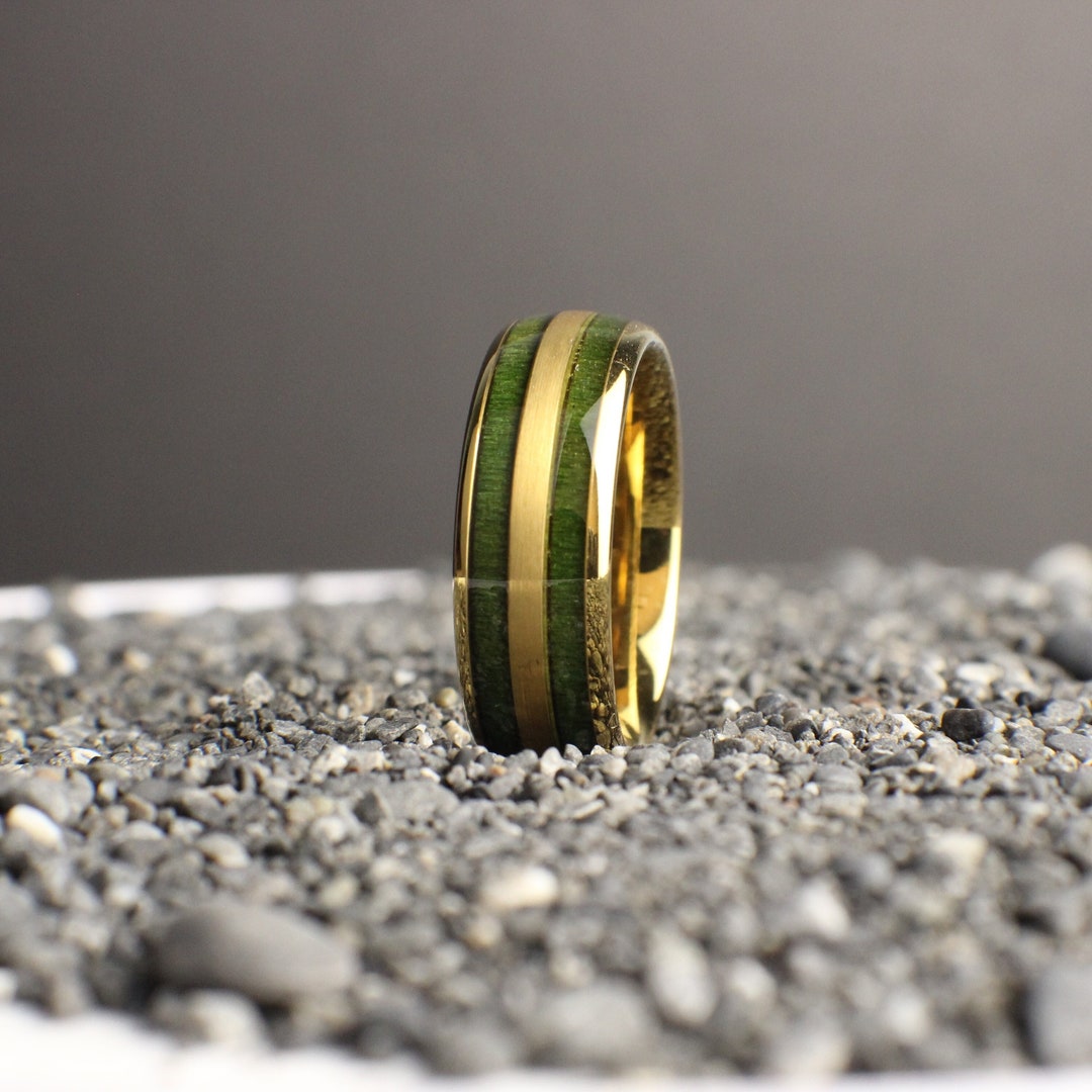 Green and Gold Wedding Band, Green Wood Ring, Gold Wedding Ring for Men ...