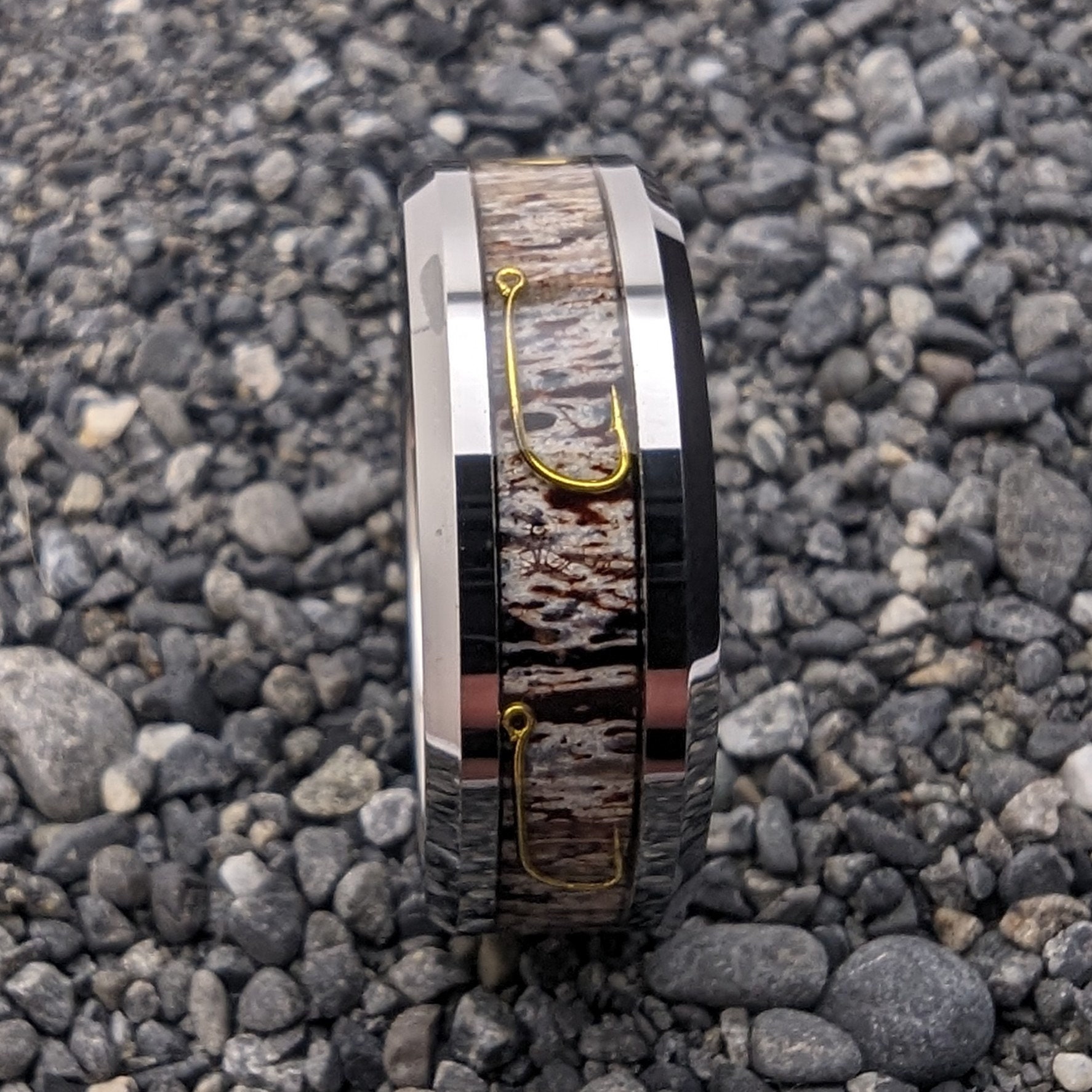 Fishing Ring, Antler Wedding Band, Fishing Hook Wedding Band