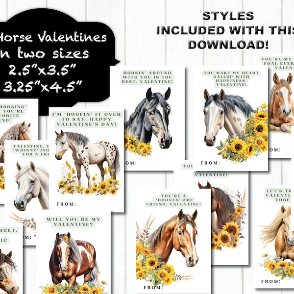 Horse and Pony Valentine Cards for Kids, Printable Valentines, 12 Styles, Horse Valentines, Digital Valentines, DIY, Puns, Cute, Sunflower