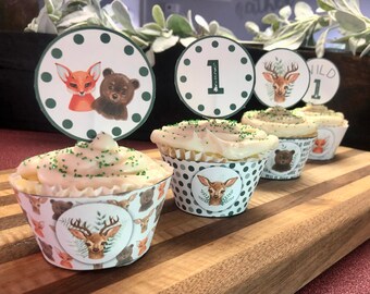 May include: Four decorated cupcakes with green frosting and sprinkles. The cupcakes are topped with round paper toppers featuring a fox and bear, a deer, a number one, and the words "Wild One".