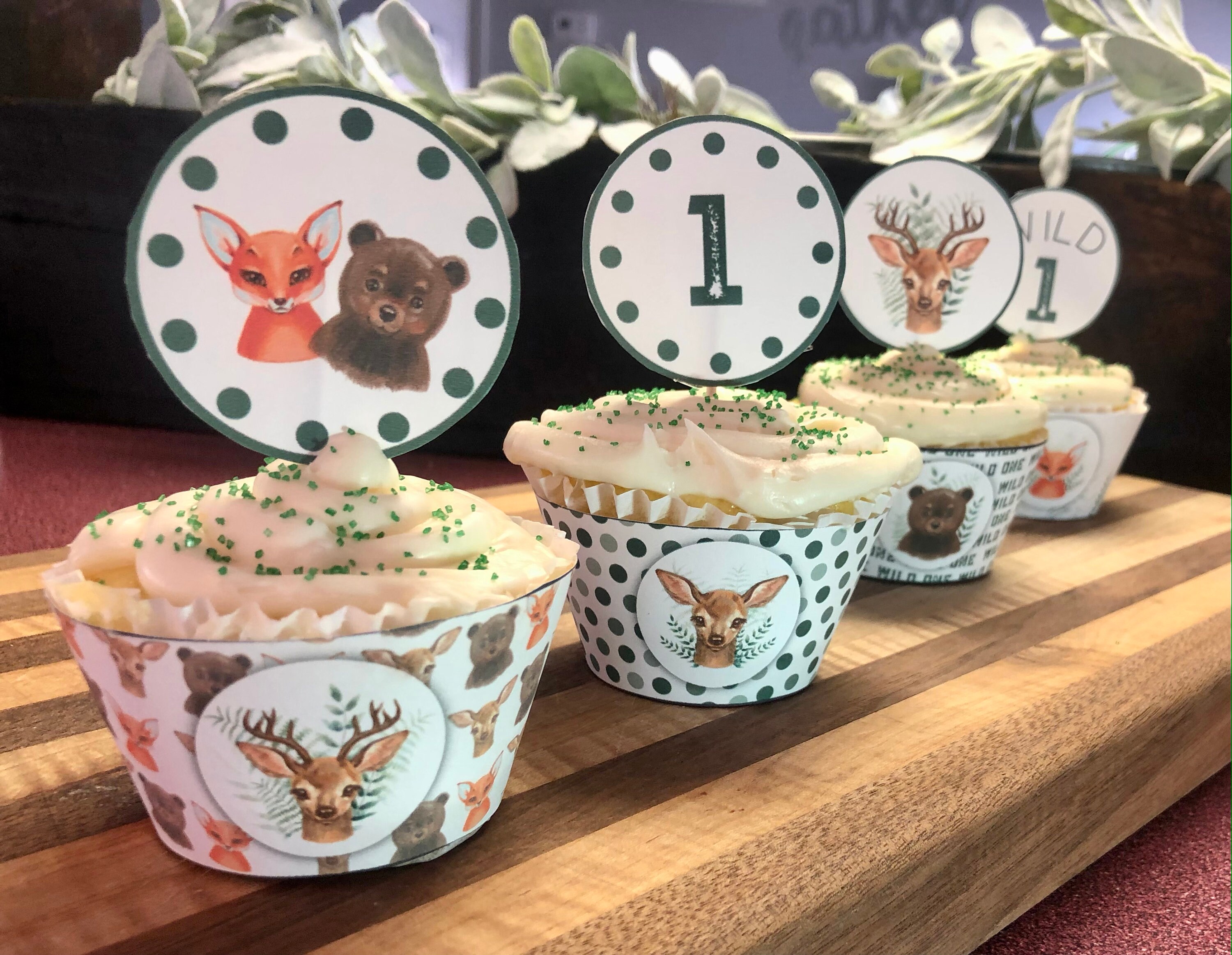Woodland Wild One Birthday Party Cupcake Wrappers and Toppers woodland animals digital instant download