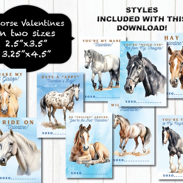 Horse and Pony Valentine Cards for Kids, Printable Valentines, 9 Styles, Horse Valentines, Digital Valentines, Blue, Western, Fun, Boy, Girl