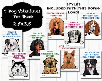 Dog Valentine Cards for Kids, Printable Valentines, 9 Styles, Cute Puppy Valentines, Digital Valentines