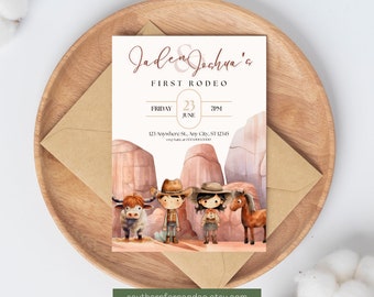 Twin Birthday Invitation, First Rodeo Invite, Boy, Girl, Sibling First Birthday Invite, Editable, Digital Template, Canva, Instant Download