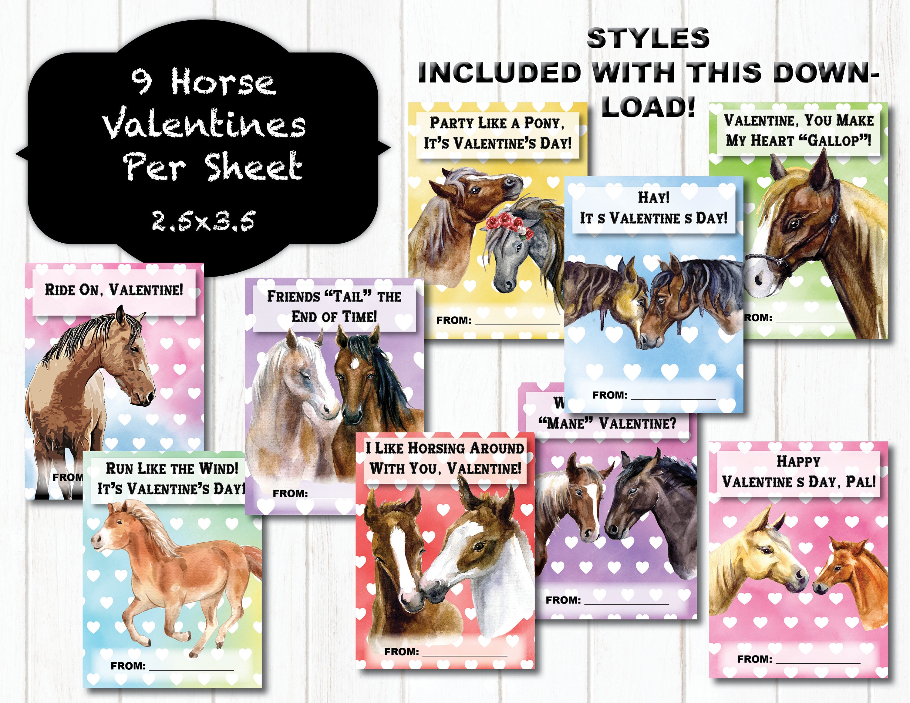 Horse and Pony Valentine Cards for Kids, Printable Valentines, 9 Styles, Horse Valentines, Digital Valentines