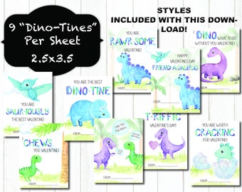 Dinosaur Valentine Cards for Kids, Printable Valentines, 9 Styles, Funny Dinosaur Valentines