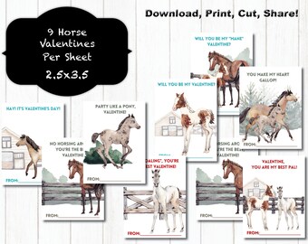 Horse Pony and Foal Valentine Cards for Kids, Printable Valentines, 9 Styles, Horse Valentines, Digital Valentines, Foal, Colt, DIY, Print