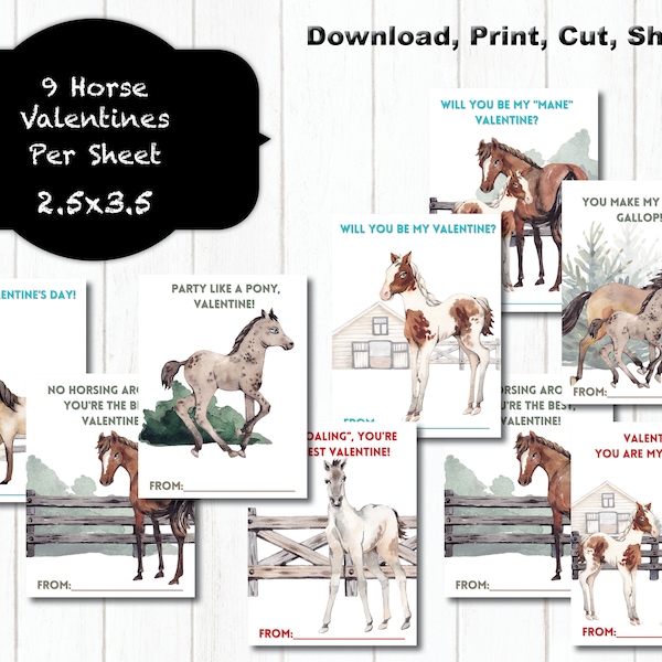 Horse Pony and Foal Valentine Cards for Kids, Printable Valentines, 9 Styles, Horse Valentines, Digital Valentines, Foal, Colt, DIY, Print