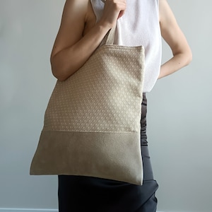 Shoulder bag, Leather bottom tote, Shopping handbag, Leather strap bag, Elegant beige tote