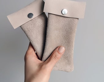 Leather glasses case, Beige sunglasses pouch, Eyewear sleeve with snap fastener, Soft glasses protector