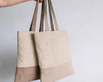 Borsa a tracolla, Borsa tote con fondo in pelle, Borsa shopping, Elegante borsa beige