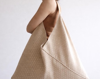 Beige Origami Tote Bag – Geometric Canvas Shoulder Bag with Leather Strap, Minimalist Handbag