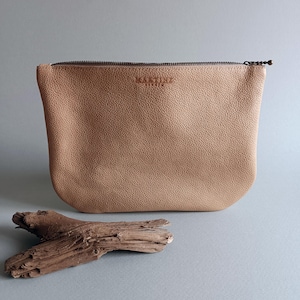 Handmade Leather Cosmetic Bag | Light Brown Makeup Pouch | Soft Travel Vanity Case | Red Floral Lining