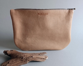 Borsa cosmetica in pelle fatta a mano, pochette per il trucco marrone chiaro, beauty case da viaggio morbido