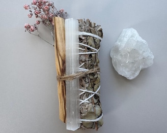 Weißer Salbei Räucherbündel I Räucherset Weißer Salbei & Palo Santo – Smudge Kit mit Selenit | Energetische Reinigung | Meditation Geschenk
