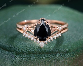 Unique Black Onyx engagement ring set Rose gold engagement ring Vintage Bridal set Diamond Curved ring wedding Anniversary Promise ring set